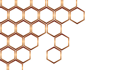 White Hexagonal background with golden light. Hexagon technology white and gold colored honeycomb abstract background. Dark 3d geometric texture illustration. Bright grid pattern. 