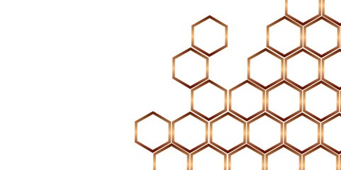 White Hexagonal background with golden light. Hexagon technology white and gold colored honeycomb abstract background. Dark 3d geometric texture illustration. Bright grid pattern. 