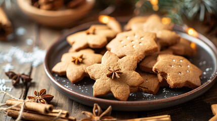 Plate with tasty Christmas cookies and cinnamon 