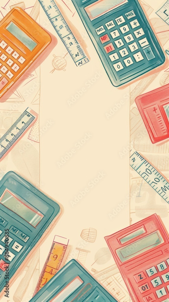Poster stacked calculators on table forming a tower of rectangles