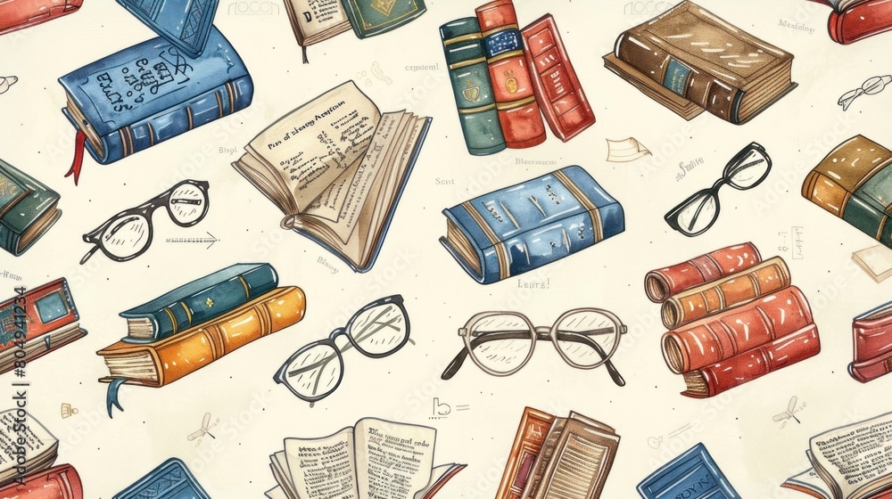 Poster seamless pattern of books and glasses on white background with artistic elements
