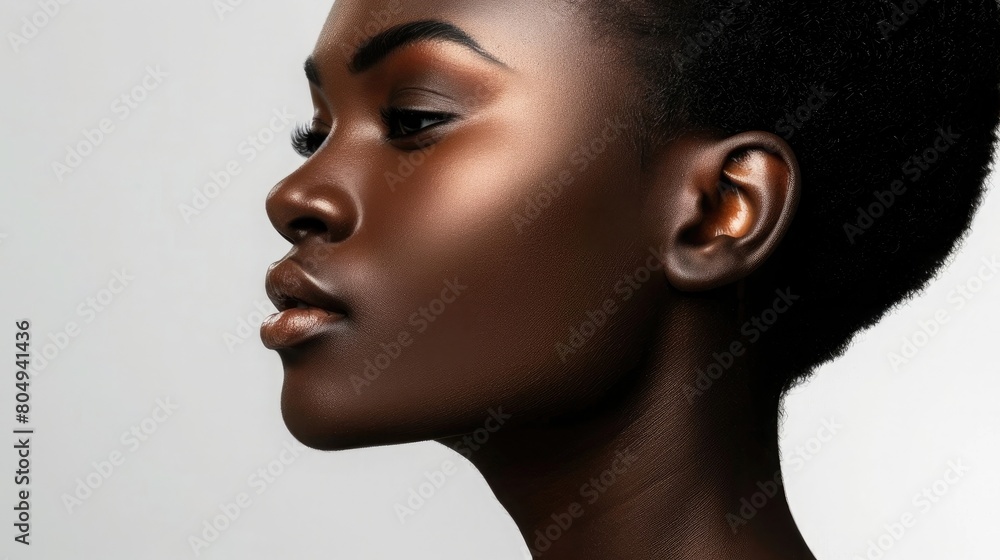Wall mural Black woman, facial profile and beauty in studio, isolated white background and mockup, Female model, face side and dermatology for skincare, aesthetic makeup and natural cosmetics for salon - Wall murals