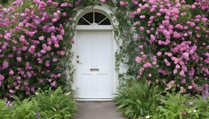 A white door surrounded by blooming flowers in a botanical garden
