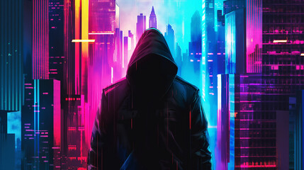 A strange man silhouette in a hood on a city abstract background art