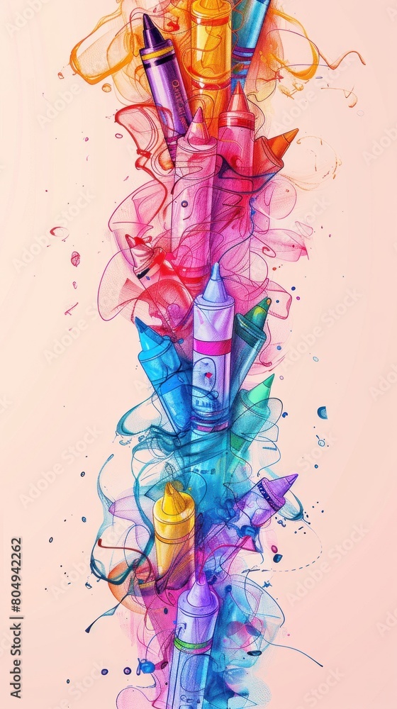 Poster a colorful stack of crayons on pink background, creating an artsy pattern