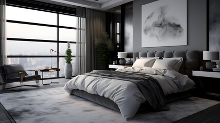 A monochromatic bedroom with shades of gray, plush bedding, and minimalist decor, offering a serene...