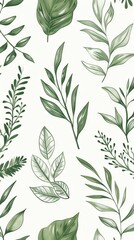 Fototapeta premium A seamless botanical watercolor illustration featuring a variety of green leaves, perfect for backgrounds, textiles, and eco-friendly concepts
