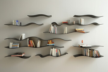 A series of modern wall-mounted shelves with clean lines and minimalist design, arranged in a staggered formation on a plain wall, offering stylish storage solutions for books, decor, and more. 