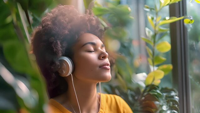 A traveler listening to a personalized binaural beats playlist to promote relaxation and reset the bodys sleep cycle. .