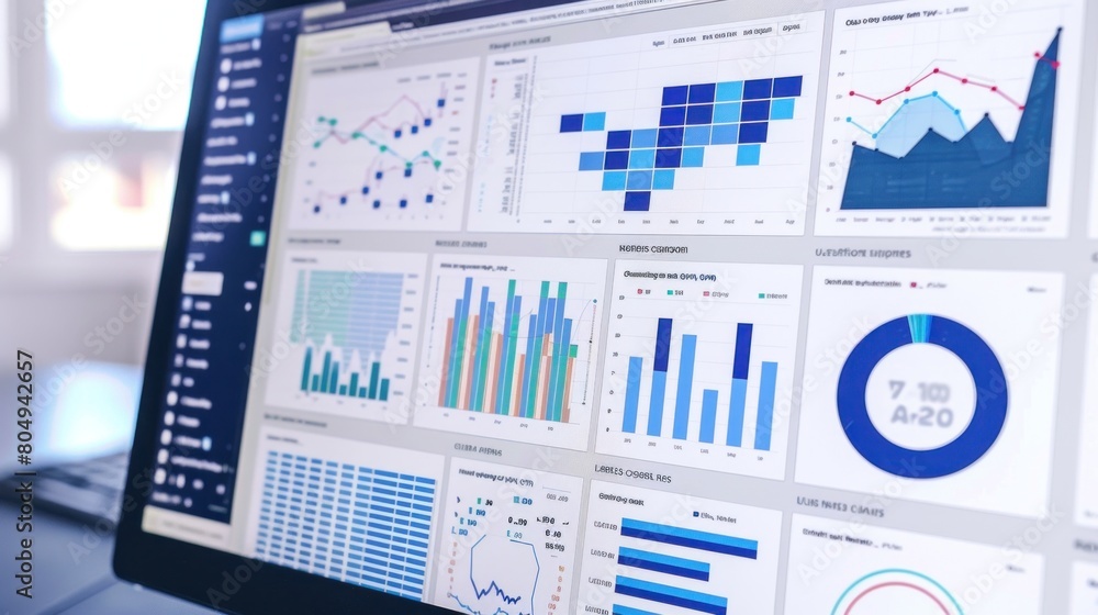 Poster a laptop computer displaying graphs and charts on an electric blue dashboard