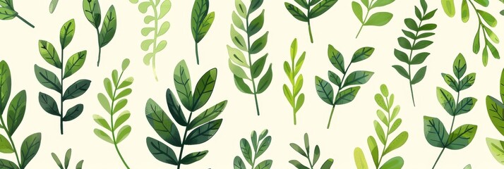 A seamless botanical watercolor illustration featuring a variety of green leaves, perfect for backgrounds, textiles, and eco-friendly concepts