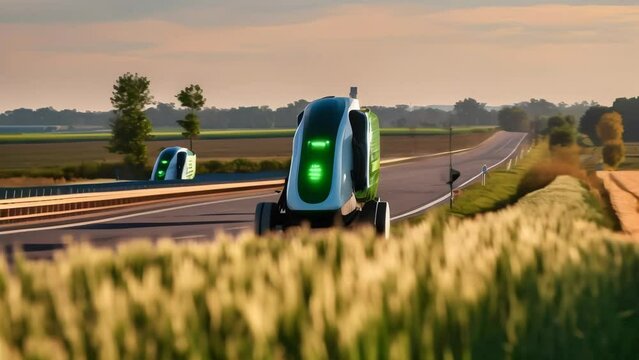 A fleet of sleek, futuristic autonomous robots monitors a lush wheat field against a backdrop of puffy clouds in a blue sky.