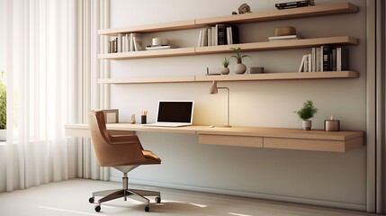 A sleek and minimalist workspace with a floating desk, ergonomic chair, and wall-mounted shelves, promoting focus and productivity in a clutter-free environment.