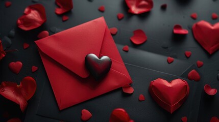Black background with red envelope and heart for San Valentine's Day