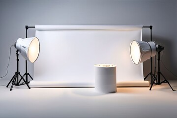 white backdrop and two large studio lights pointing