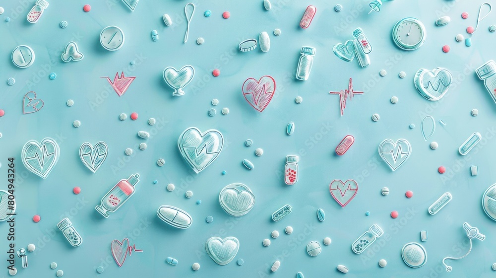 Poster azure background with heart and pill pattern, symbolizing fluidity and vitality
