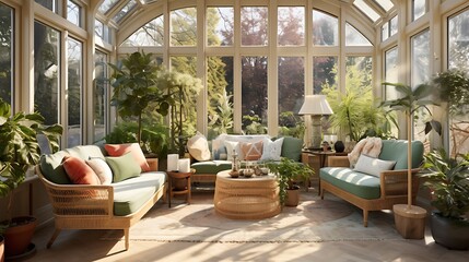 A sunlit conservatory with floor-to-ceiling windows, botanical prints, and wicker furniture, creating an indoor garden oasis bathed in natural light. - obrazy, fototapety, plakaty