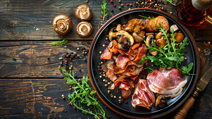Plate with tasty smoked ham and grilled mushrooms on white