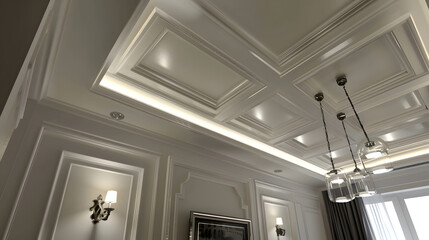 Fototapeta premium An interior space focuses on an exquisitely designed ceiling, characterized by the following elements.