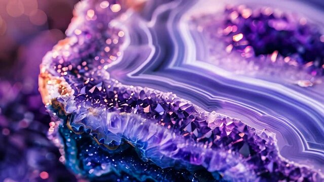 A closeup image of an amethyst slice of a geode