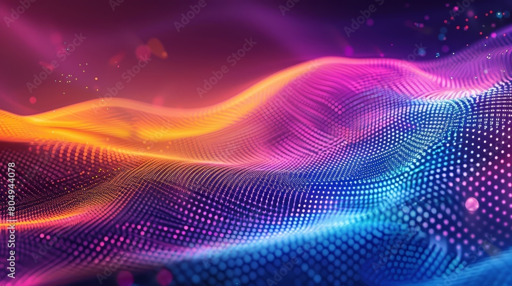 Poster a background in the style of 3d render, wavy and rippled dotted surface in shiny glowing material wi