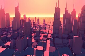 Obraz premium Blue neon city skyscrapers modern technology concept flat vector, isolated on white background