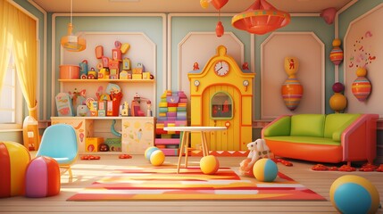 A whimsical kids' playroom with bright colors, interactive toys, and imaginative decor, sparking creativity and endless hours of fun.