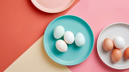 Plates with chicken eggs on color background