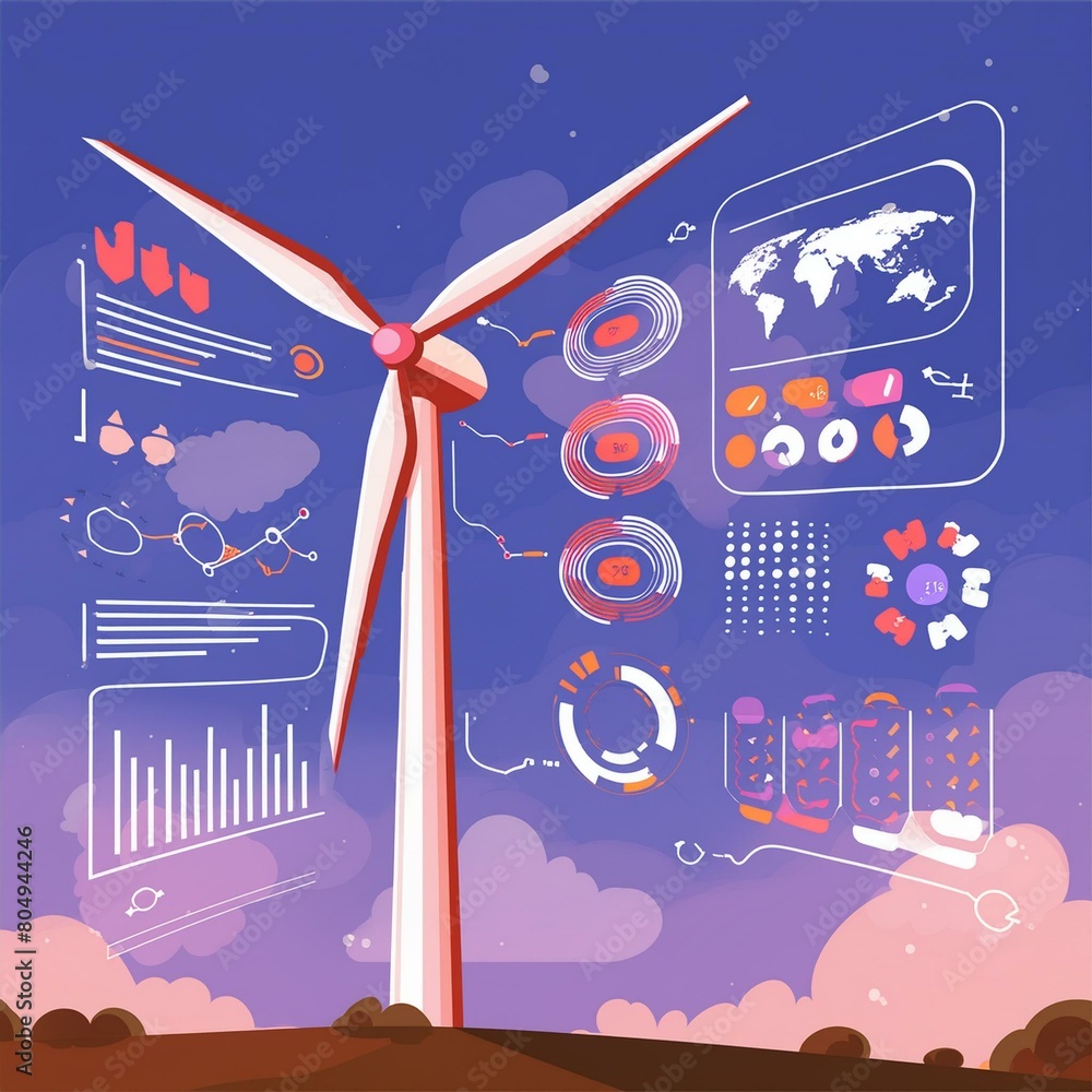 Poster modern wind turbine with a detailed energy data analytics dashboard in the foreground, displaying re