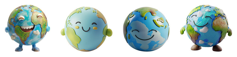 Set of 3D cute happy cartoon earth environment day concept, isolated on white background, png