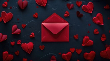 Black background with red envelope and heart for San Valentine's Day