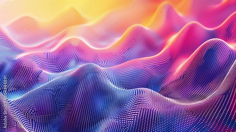 Poster a background in the style of 3d render, wavy and rippled dotted surface in shiny glowing material wi