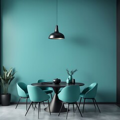  Meeting area or dining room with large black round table and teal cyan chairs. Empty wall turquoise azure paint color accent. Dinning modern kitchen interior home or café. Mockup for art. 3d render 