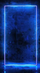 Electric blue neon rectangle glowing on a concrete wall