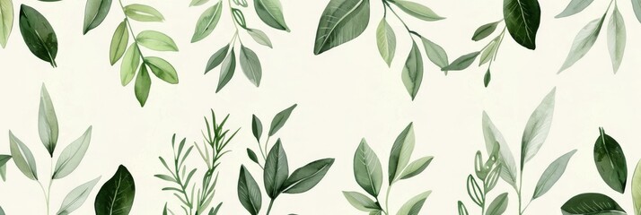 Fototapeta premium A seamless botanical watercolor illustration featuring a variety of green leaves, perfect for backgrounds, textiles, and eco-friendly concepts