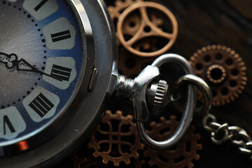 Old clock macro. Closeup of gears from clock works. rusty mechanism in the old clock