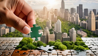 Hand carefully connects jigsaw puzzle pieces, featuring elements of a green cityscape, symbolizing the collaborative effort in building sustainable urban communities - Powered by Adobe