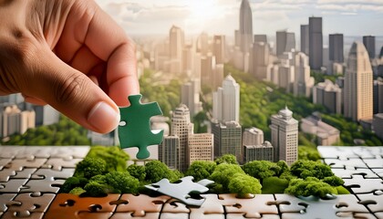 Hand carefully connects jigsaw puzzle pieces, featuring elements of a green cityscape, symbolizing the collaborative effort in building sustainable urban communities