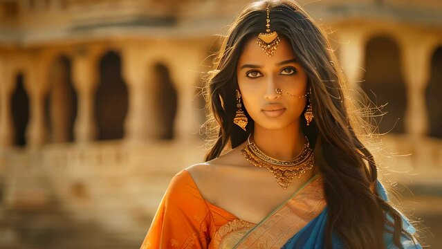 A portrait of a beautiful young Indian girl in traditional clothes