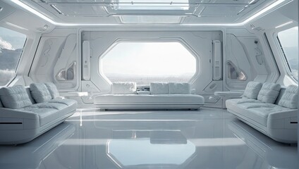 The design of a white living room on a spaceship, starship, or planet. Inside the internal compartment of a futuristic spacecraft. Space, science fiction, technology, and future
