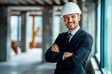Smiling young engineer man in classic black suit shirt tie and construction helmet posing isolated on light green background. Achievement career wealth business concept. Holding hands crossed.