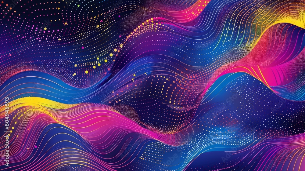 Poster a background in the style of 3d render, wavy and rippled dotted surface in shiny glowing material wi