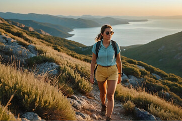 Lone Female Hiker Blue Shirt Yellow Shorts Walking Mountain Path Overlook Large Lake Sea Coastline - Powered by Adobe