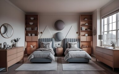 Little kids Bedroom trend 2024 year. Modern luxury room interior home or kids room.room for twins kids.3d render