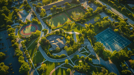 Aerial view of a summer recreation center with sports courts and green spaces, vibrant community hub, dynamic