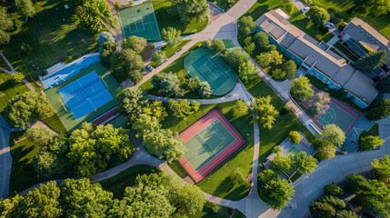 Aerial view of a summer recreation center with sports courts and green spaces, vibrant community hub