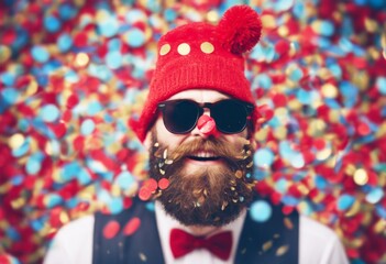 'nose funny red Man wearing confetti sunglasses hat beard carnival person clown disguise mad cool streamer bald cologne costume hipster fun circus'