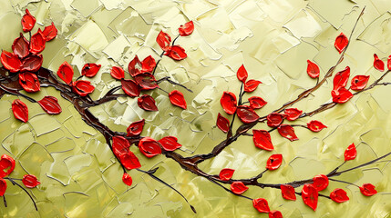 Branch with red leaves on olive green background. Oil painting Asian panorama.