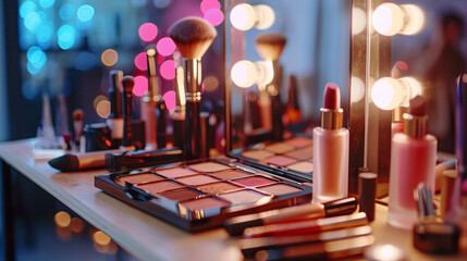 Professional makeup cosmetics on wooden dressing table - Powered by Adobe