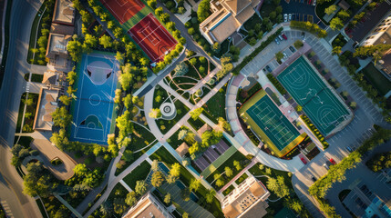 Aerial view of a summer recreation center with sports courts and green spaces